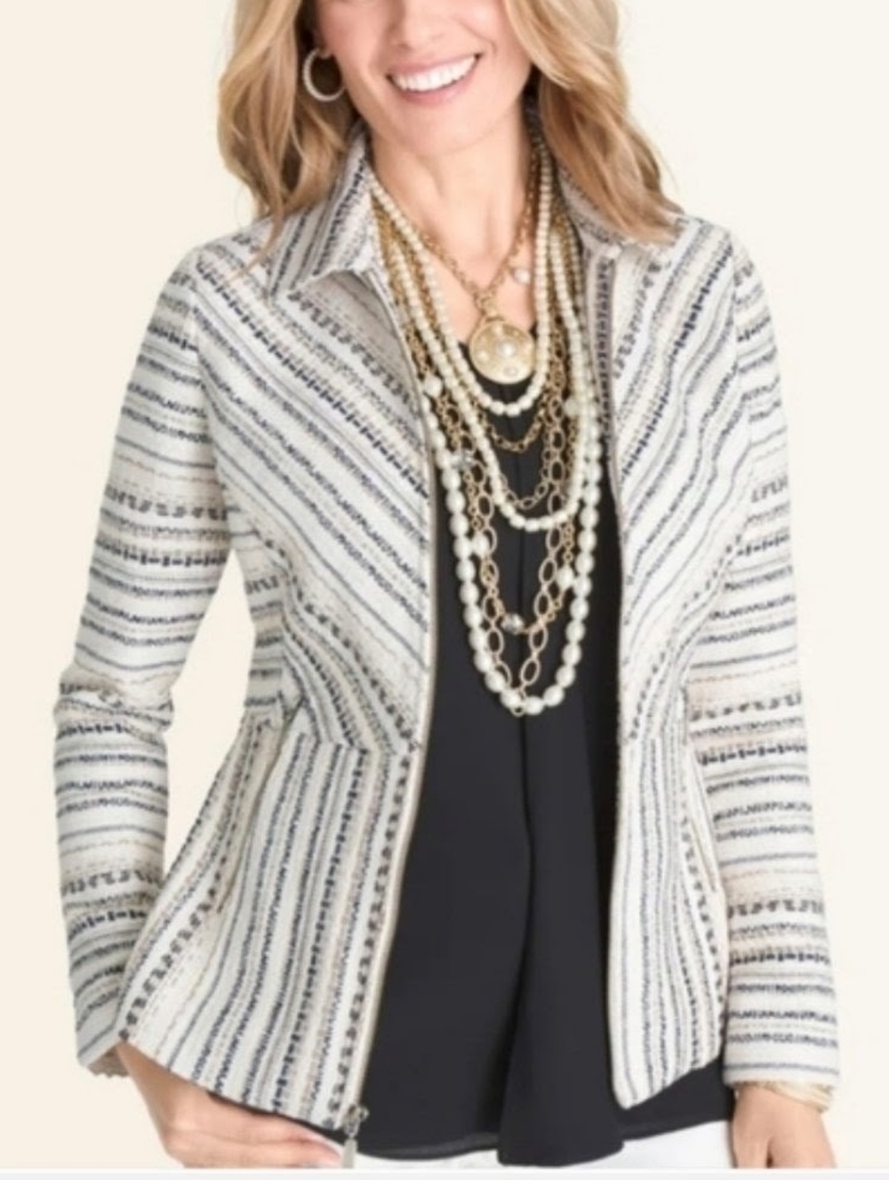 Chico's Cream and Black Striped Knit Zip Jacket